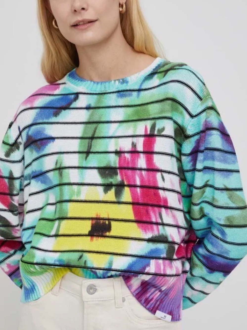 Desigual Colorful Abstract Watercolor Floral Stripe Boxy Crewneck Sweater